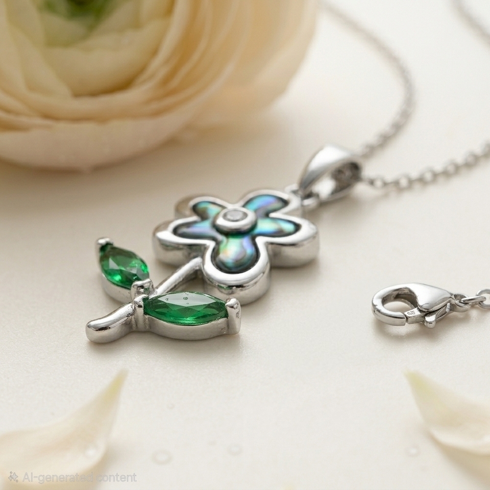 18K White Gold Plated Abalone Shell Floral Necklace Green Zirconia CZ Adjustable - Picture 12 of 15